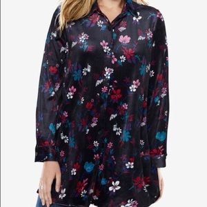 NWOT Black Velour Floral Button Down Shirt